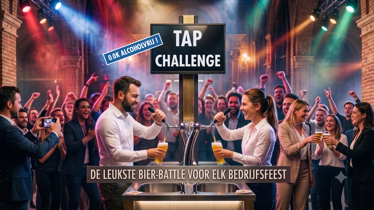 Tap Challenge in een volle zaal, met het bord De leukste bier-battle voor elk bedrijfsfeest